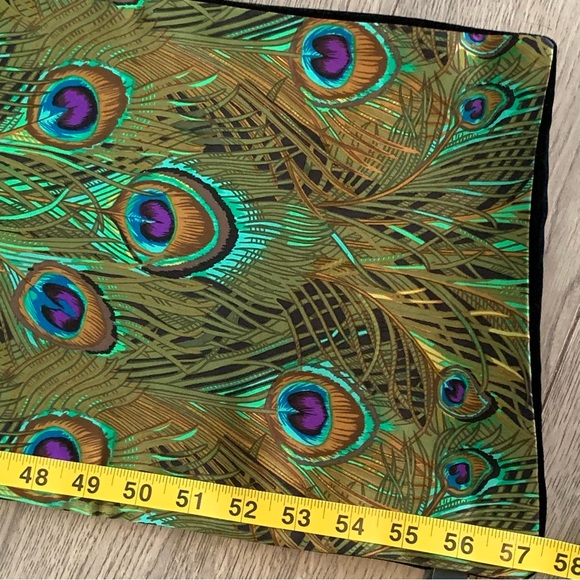NIC & NORA NY SCARF SILK PEACOCK FEATHERS / BLACK VELVET BACK 10”x 57” - Picture 10 of 11
